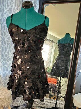 Fanco Black Disc‑Sequin Cocktail Dress – Size S – Statement Party/Clubwear